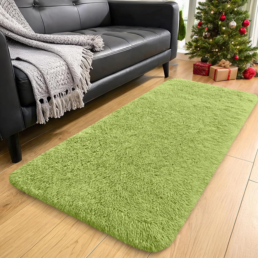 OLANLY Machine Washable 2x5 Runner Rug - Soft Fluffy Shaggy Design for Bedroom & Hallway | Grass Green