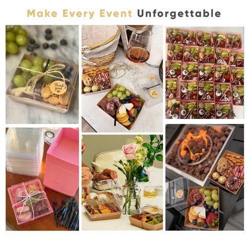 Leafiew 50 Pack Small Individual Charcuterie Boxes with Clear Lids and Forks - To Go Paper Mini Charcuterie Box, Disposable Food Containers, 5Inch Dessert Boxes for Cookie, Cake Slice, Strawberries