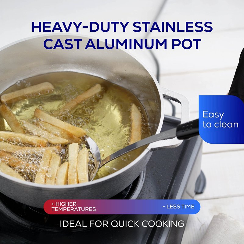 Universal (Small Size) Caldero 9 Cups - 3.4 QT / 3.2 L, Stainless Aluminum Pot, Even Heat Distribution and Fast Cooking Dutch Oven Pot, Ergonomic Handles, Ideal for Rice, French Fries, and More