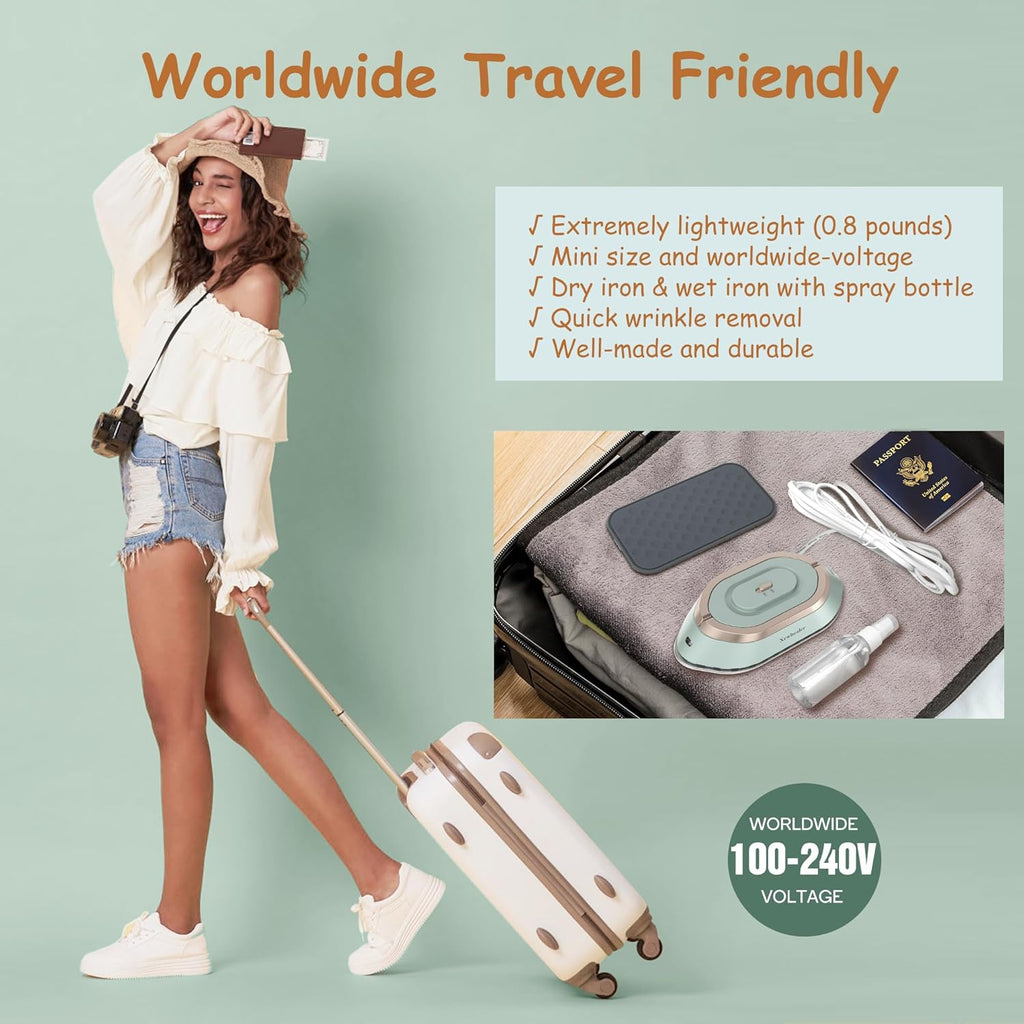 Newbealer Travel Iron - Mini Dry Iron with Global Voltage, 100-240V, 300W, Non-Stick Soleplate | Ultra-Lightweight Green