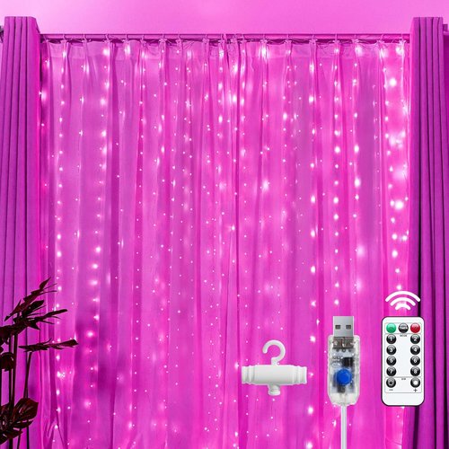 Brightown 300 LED Pink Fairy Curtain Lights - 9.8ft x 9.8ft String Lights with Remote & 8 Modes for Indoor/Outdoor Decor