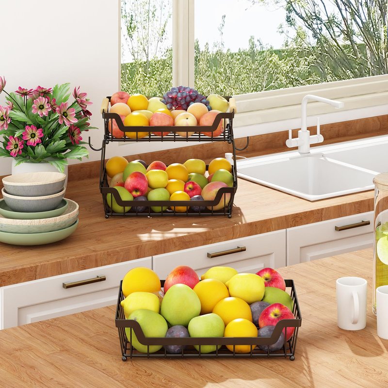 GILLAS 2 Tier Countertop Fruit Basket with 2 Banana Hangers for Kitchen, Detachable Metal Organizer for Bread Vegetable Fruits with Wooden Handle, Large Capacity Rectangular Storage Stand Bowls, Black