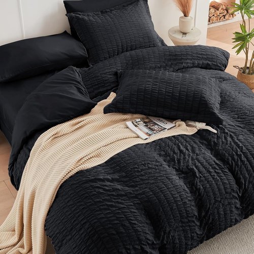 HYMOKEGE Queen Seersucker Comforter Set - Lightweight 3-Piece Bedding for All Seasons | Black