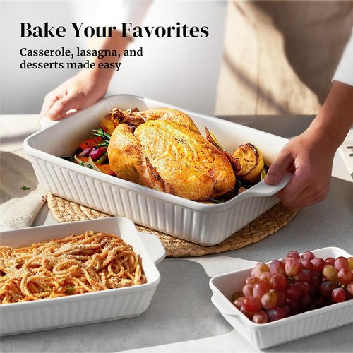 DOWAN Casserole Dishes Set - Ceramic Bakeware for Oven | 3-Piece Lasagna Pan Set in Soft White (15.6''/12.2''/8.9'')