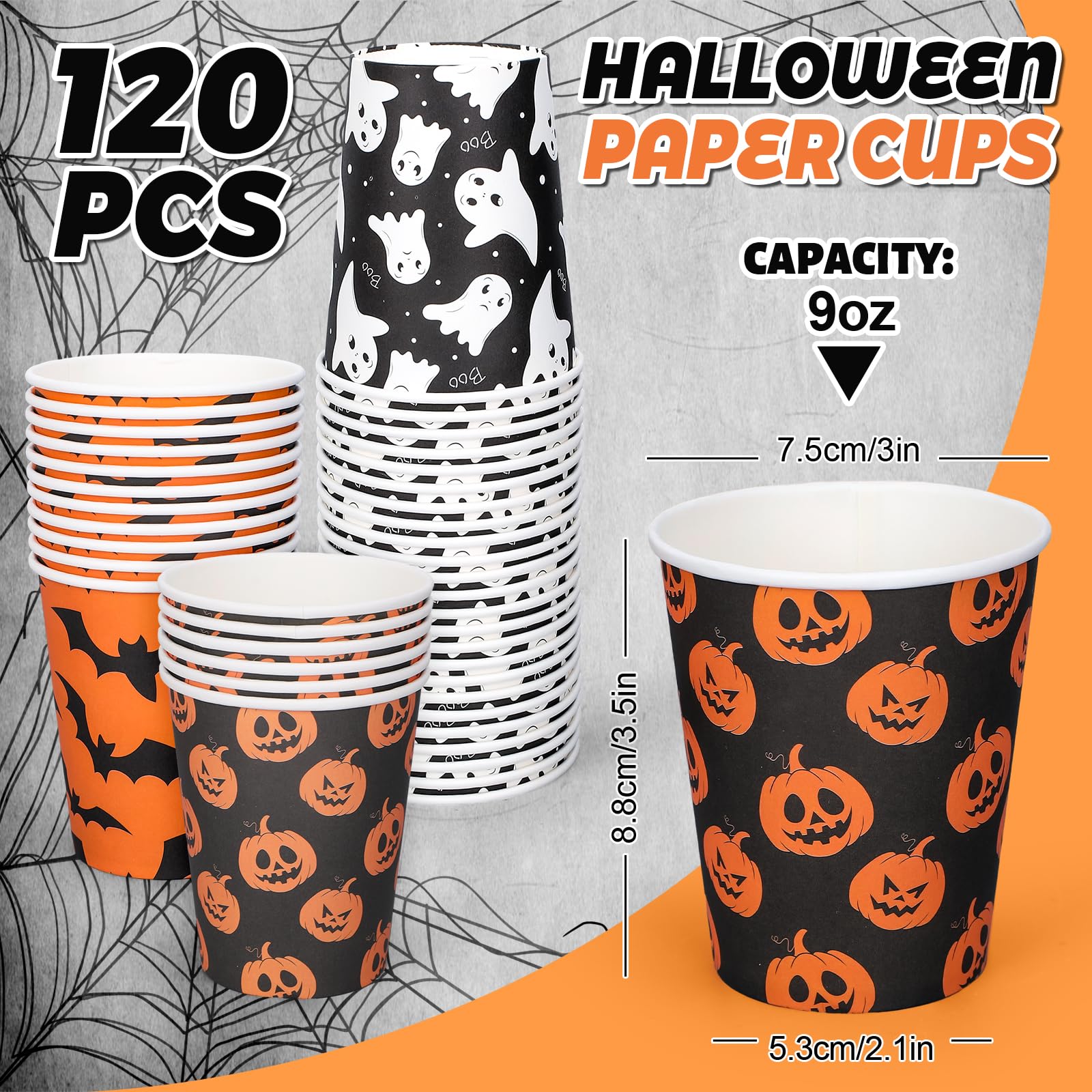 Whaline 120Pcs Halloween Paper Cups Pumpkin Ghost Bats Disposable Cups 3 Designs Black Orange Party Cups for Cold Hot Drink Table Decor Supplies, 9 Oz
