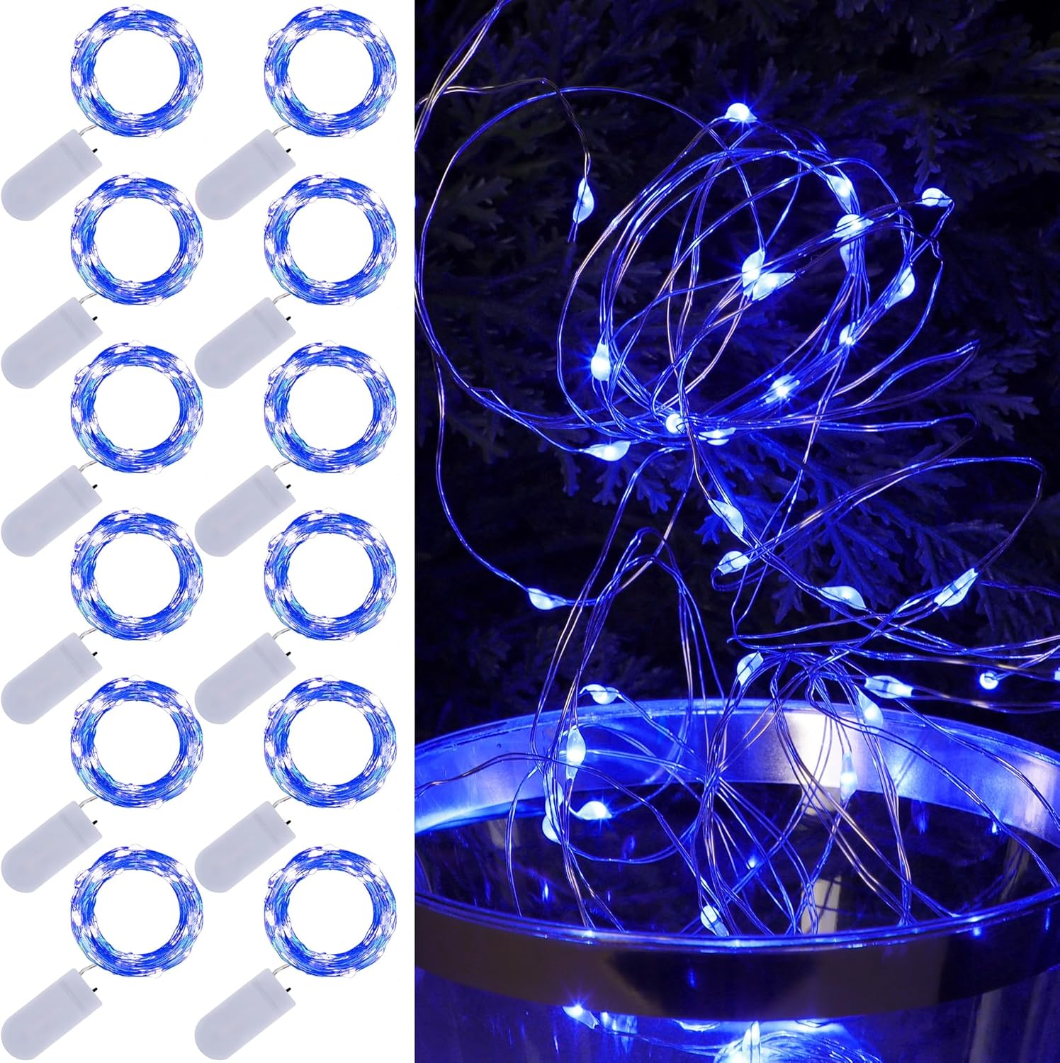 Waterglide 12 Pack Fairy Lights - 7 Ft Battery Operated Mini String Lights | Waterproof Silver Wire for DIY Decor, Blue