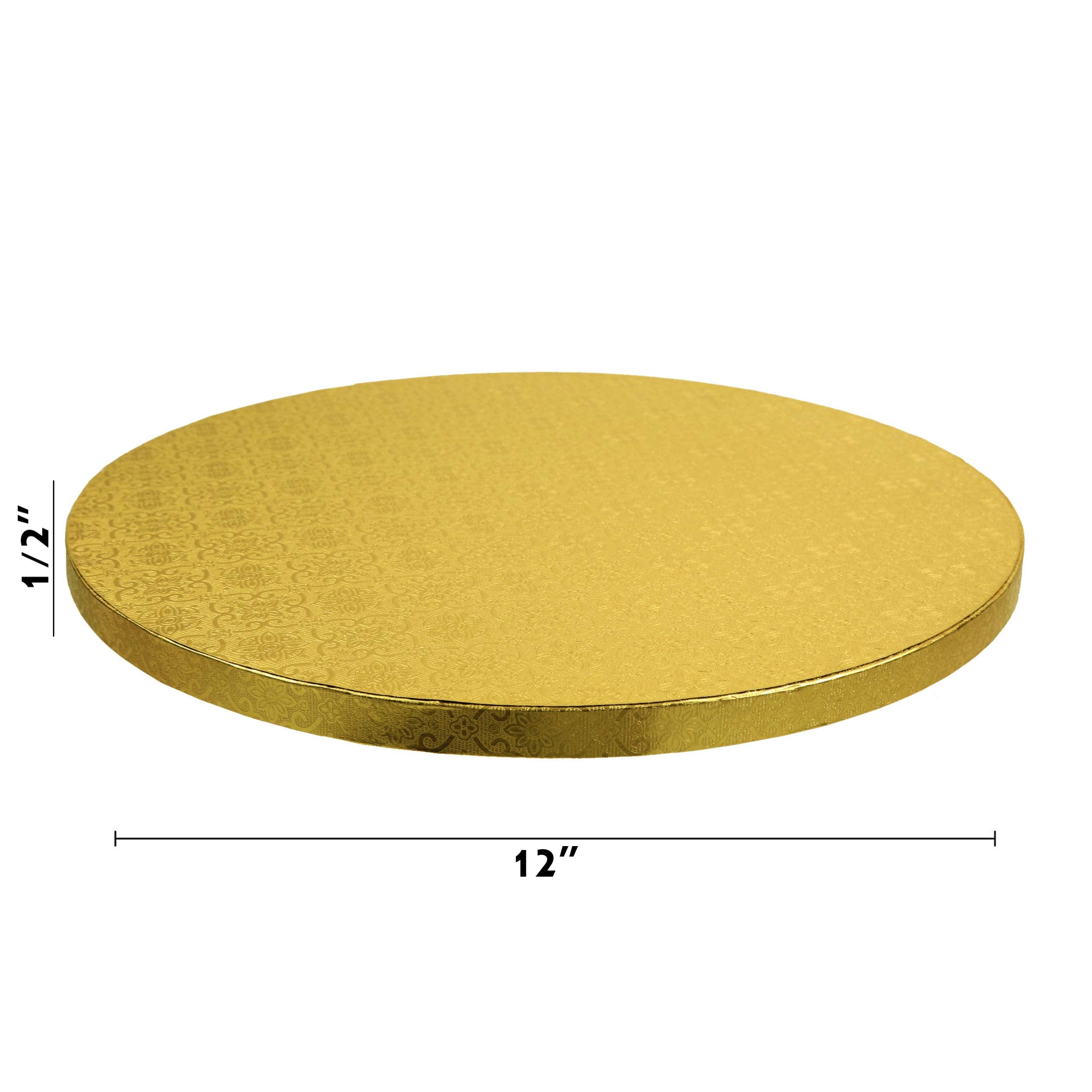 O’Creme Cake Board, Gold Foil Round Cake Circles with Gorgeous Design, Sturdy & Durable 1/2” Thick Cake Drums, Round Cake Boards with 12” Diameter, Pack of 5 Disposable Cake Drums