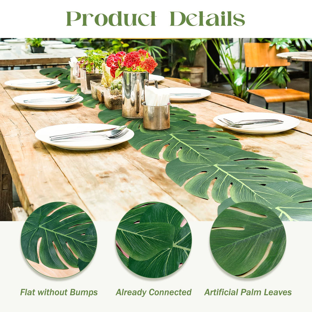AerWo 4Pcs Artificial Palm Leaves Table Runners 72 Inch, Tropical Palm Leaves Table Runner Faux Leaf Table Cloth for Wedding Hawaiian Luau Jungle Summer Party Tropical Baby Shower Table Decorations