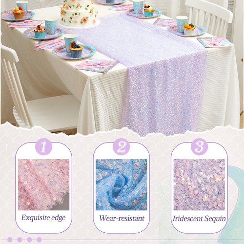 Windkream 3 Pcs Mermaid Table Runner 24 x 120 Inch Iridescent Sequin Glitter Table Runner Lavender Party Supplies Wedding Birthday Baby Shower Party Decor(Purple, Blue, Pink)