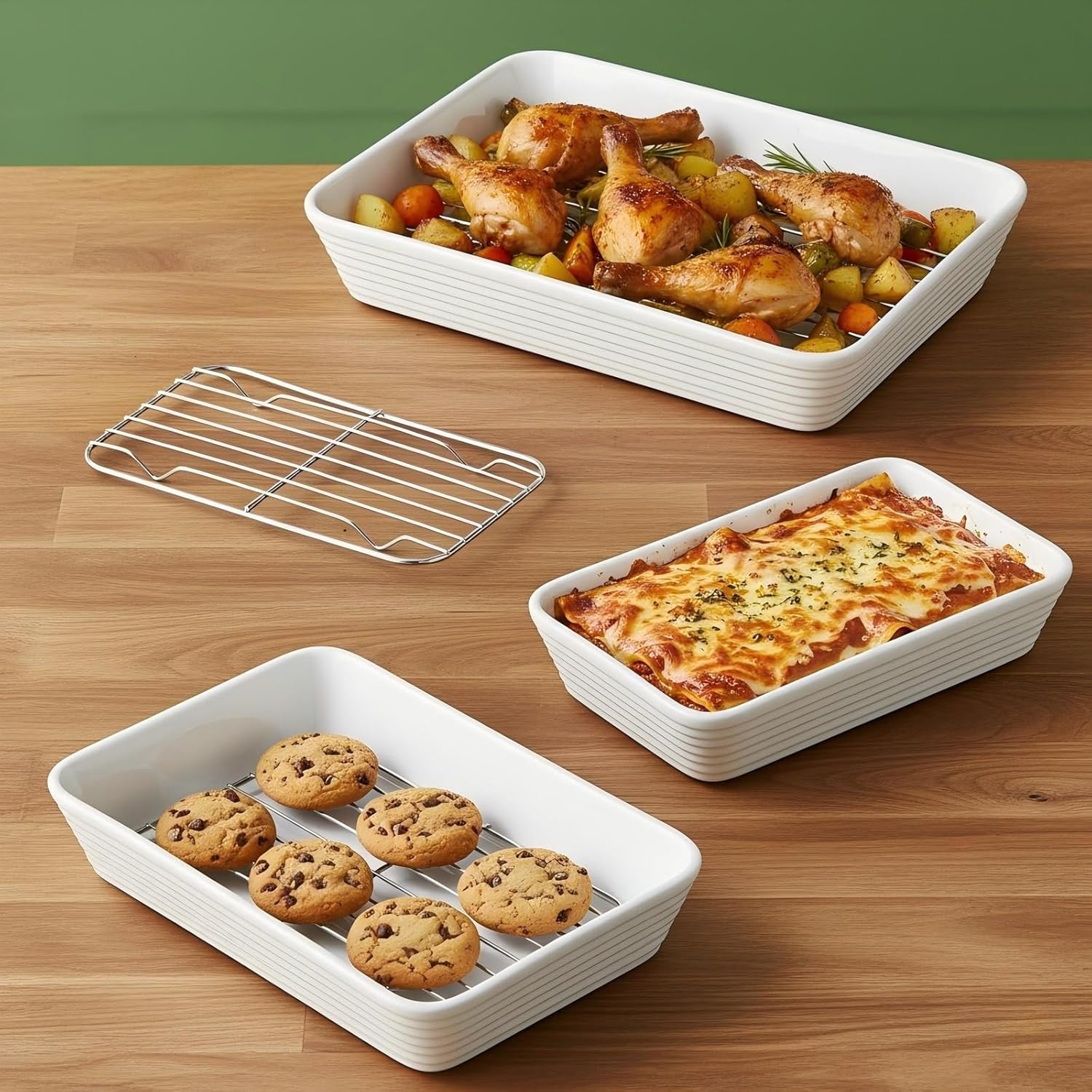 ONEMORE Baking Dishes - Large 9x13 Ceramic Casserole Set with Roasting Racks | 3QT, 2.1QT, 1.3QT Sizes