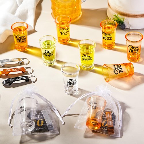 Domensi 50 Sets 70th Birthday Party for Guests Bulk Include Cheers to 70 Short Glasses Beer Bottle Opener Keychains Thank You Cards with Gift Bags and Ropes for Birthday Party Gifts