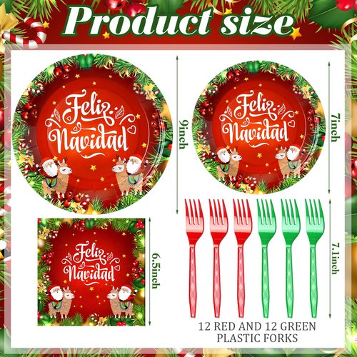 Qinyoung 96 Pcs Feliz Navidad Party Decorations Mexican Christmas Paper Plates and Napkins Set Feliz Navidad Dinner Dessert Tableware Red and Green Serve 24 Guests for Spanish Christmas Party Supplies