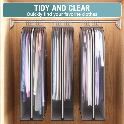 Liuoud 10" Gusseted Garment Bags - Clear Clothing Covers for Suits & Dresses | 3-Pack, Grey