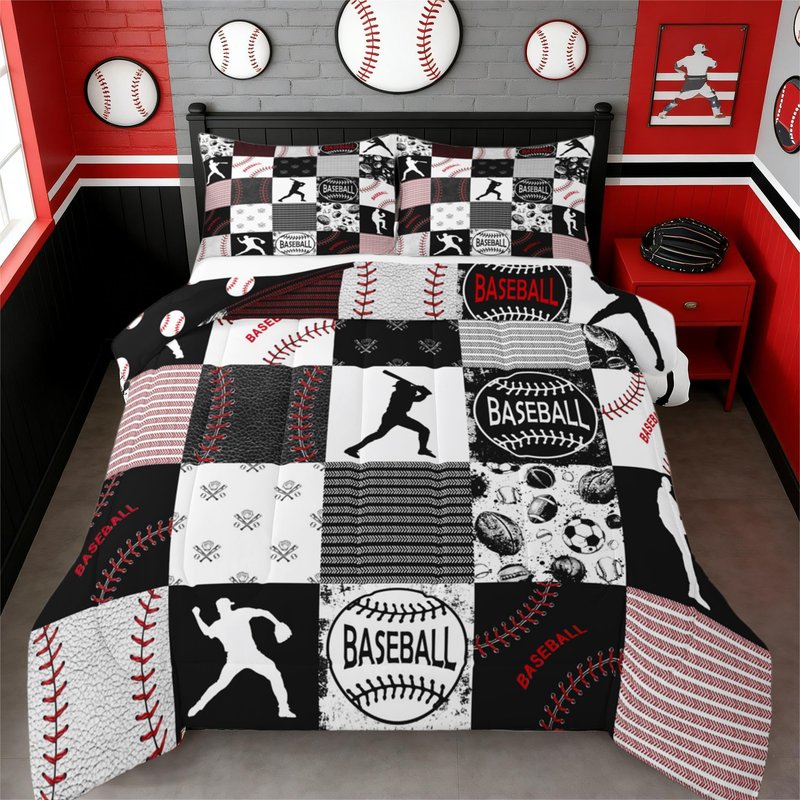 Erosebridal Twin Kids Baseball Comforter Set Softball Bedding Set Sports Game Quilted Comforter for Kids Patchwork Down Comforter Baseball Gift Duvet Insert 2pcs, Red Black Gray,Twin