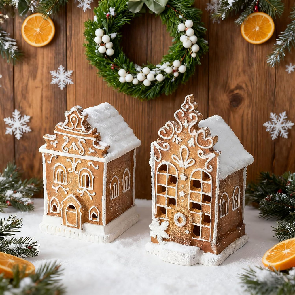 Skiennix Christmas Gingerbread Village House Figurines - Pre-Lit LED Decor | 2-Piece Set
