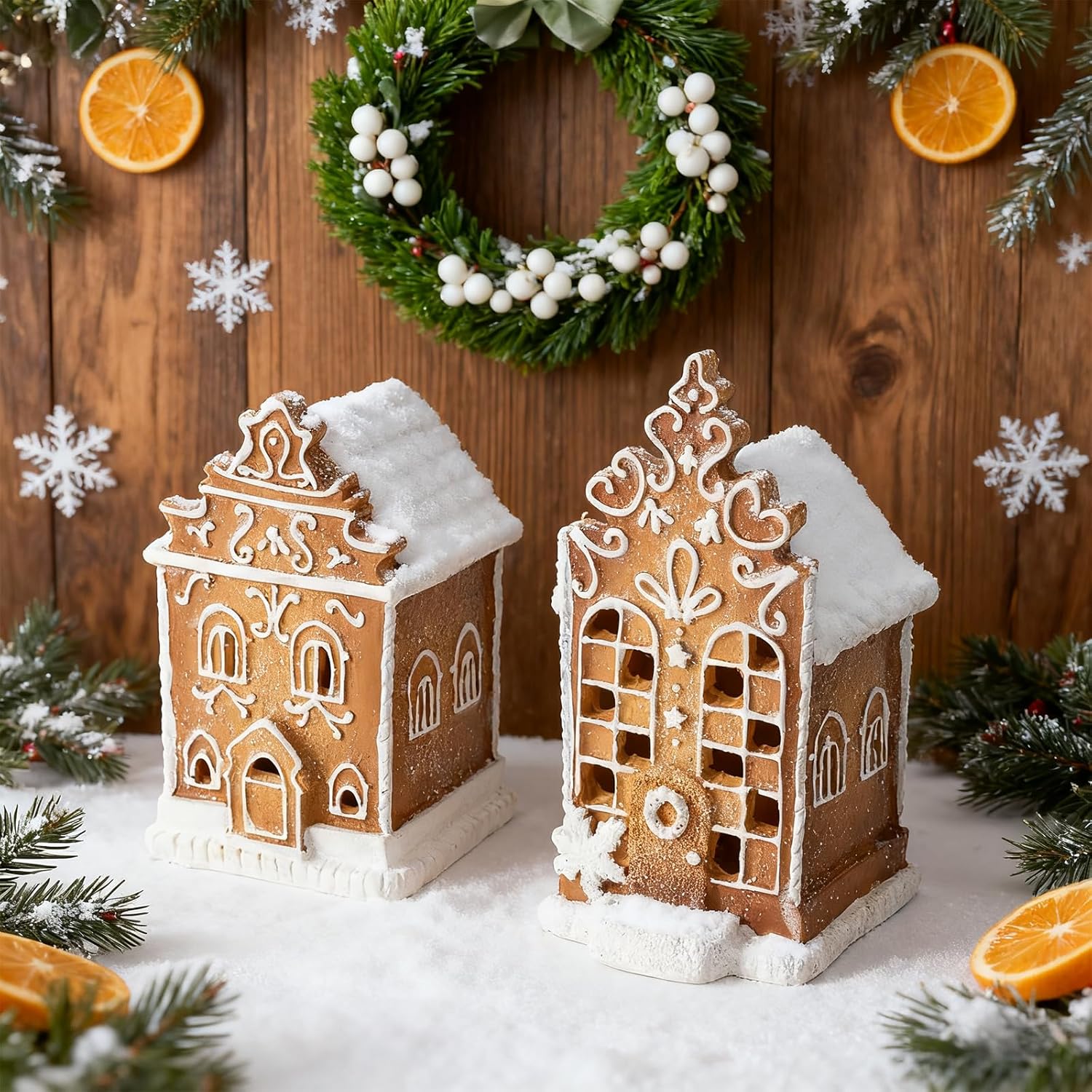 Skiennix Christmas Gingerbread Village House Figurines - Pre-Lit LED Decor | 2-Piece Set