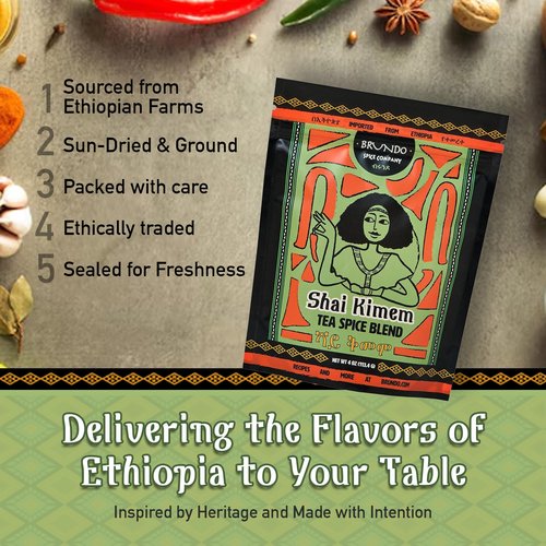 Brundo Ethiopian Spice Company Shai Kimem | Traditional Ethiopia Tea Spice Blend | Crafted and Imported from Ethiopia | Mix of Cinanmon, Green Cardamon and Clove | Steep in water and Strain to Serve