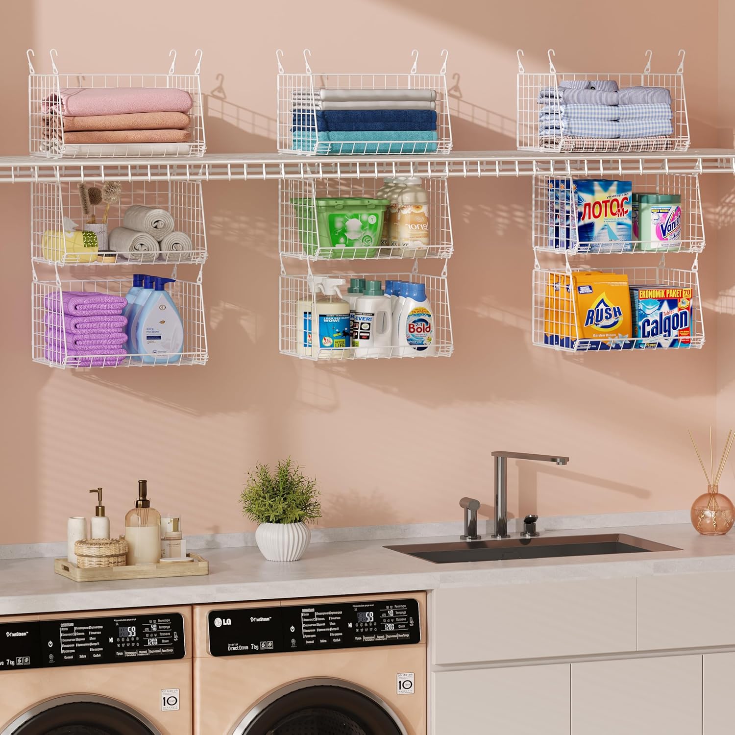 Skiennix 3-Tier Hanging Laundry Basket Organizer - Foldable Wire Shelf with 360° Rotating Hooks | Space-Saving Solution in White