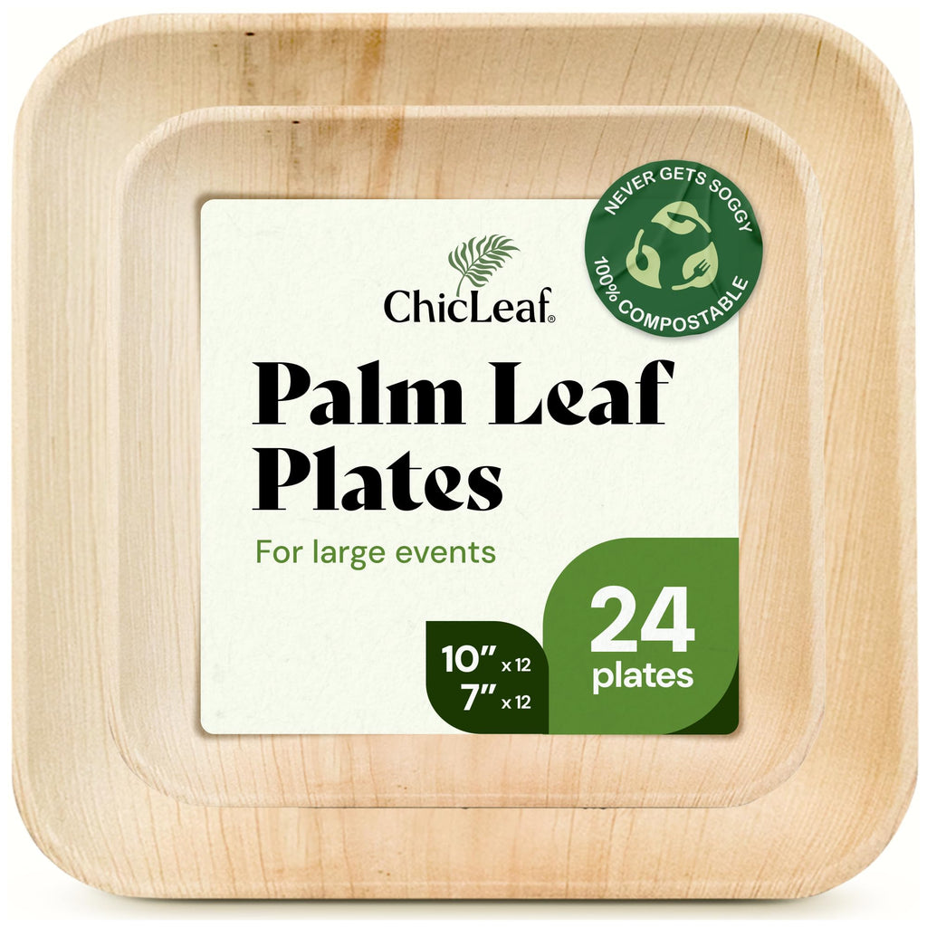 Chic Leaf Square Palm Leaf Tableware - 10" & 7", Pack of 24 - Durable Bamboo Disposable Dinnerware - Eco-Friendly Compostable Plates - Versatile Party & Elegant Dinner Table Essentials
