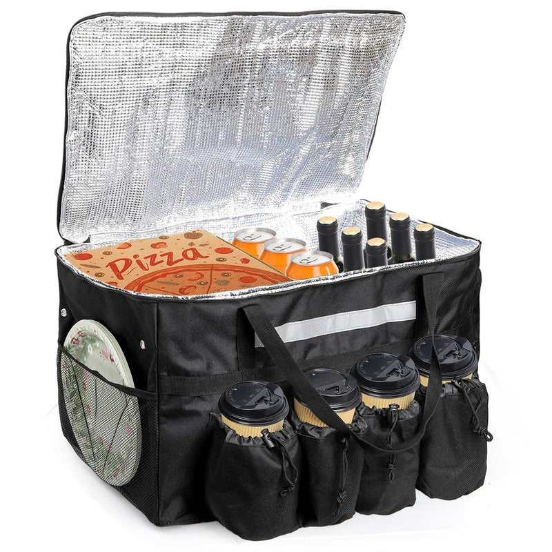 Foraineam Insulated Food Delivery Bag with 4 Cup Holders/Drink Carriers, Large Catering Thermal Bag, Pizza Warmer Carrying Case, Insulated Hot & Cooler Bags for Beverages, Grocery, Food Transport