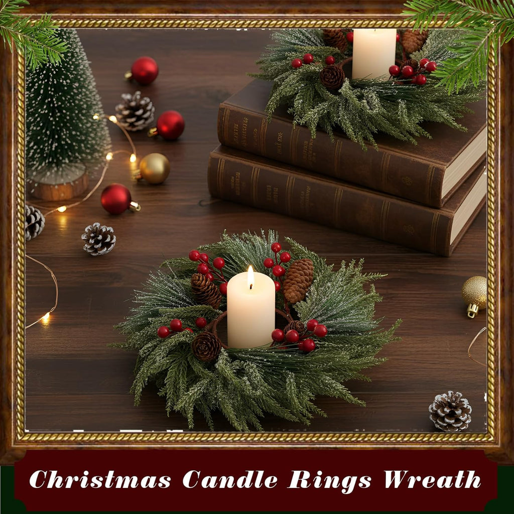 Suncalla Christmas Candle Rings - 8 Pcs Red Berry Wreaths for Kitchen & Table Decor