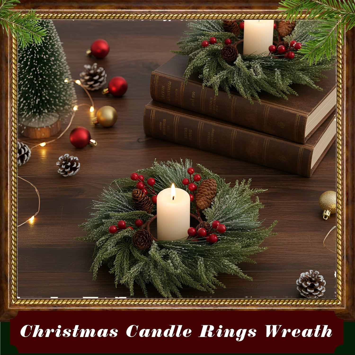Suncalla Christmas Candle Rings - 8 Pcs Red Berry Wreaths for Kitchen & Table Decor