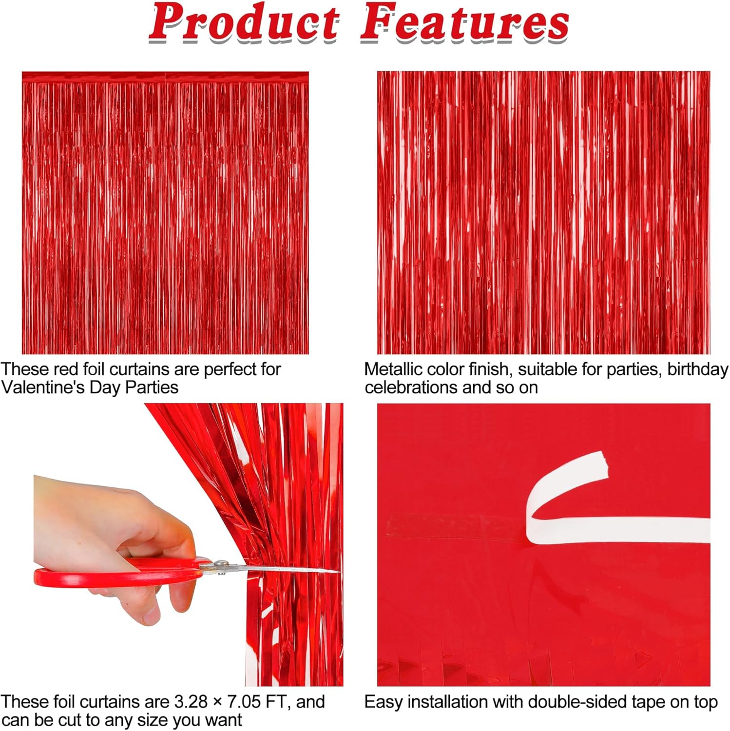 Regine Switzerland Red Tinsel Backdrop - 2 Pack Fringe Curtains 3.28 FT x 7.05 FT | Perfect for Valentine's Day & Weddings