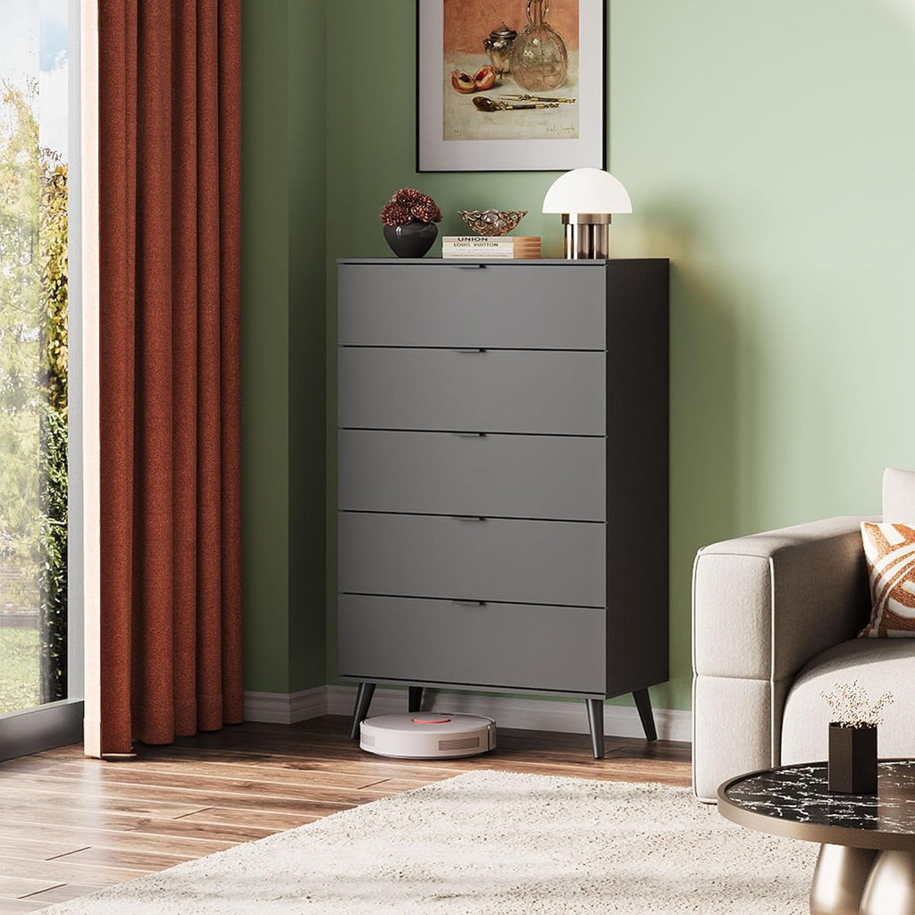WLIVE 5 Drawer Dresser - Tall Wooden Storage Organizer with Sturdy Metal Handles | Black Chest for Bedroom, Living Room, Hallway