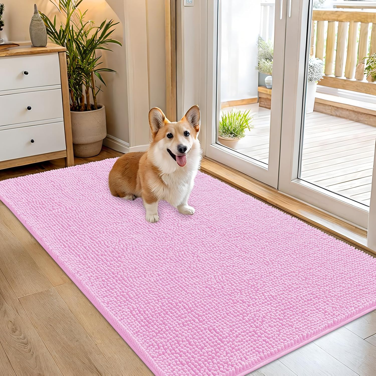 OLANLY Dog Door Mat - Absorbent Non-Slip Washable Doormat for Muddy Paws | 54x32, Quick Dry Chenille, Pink