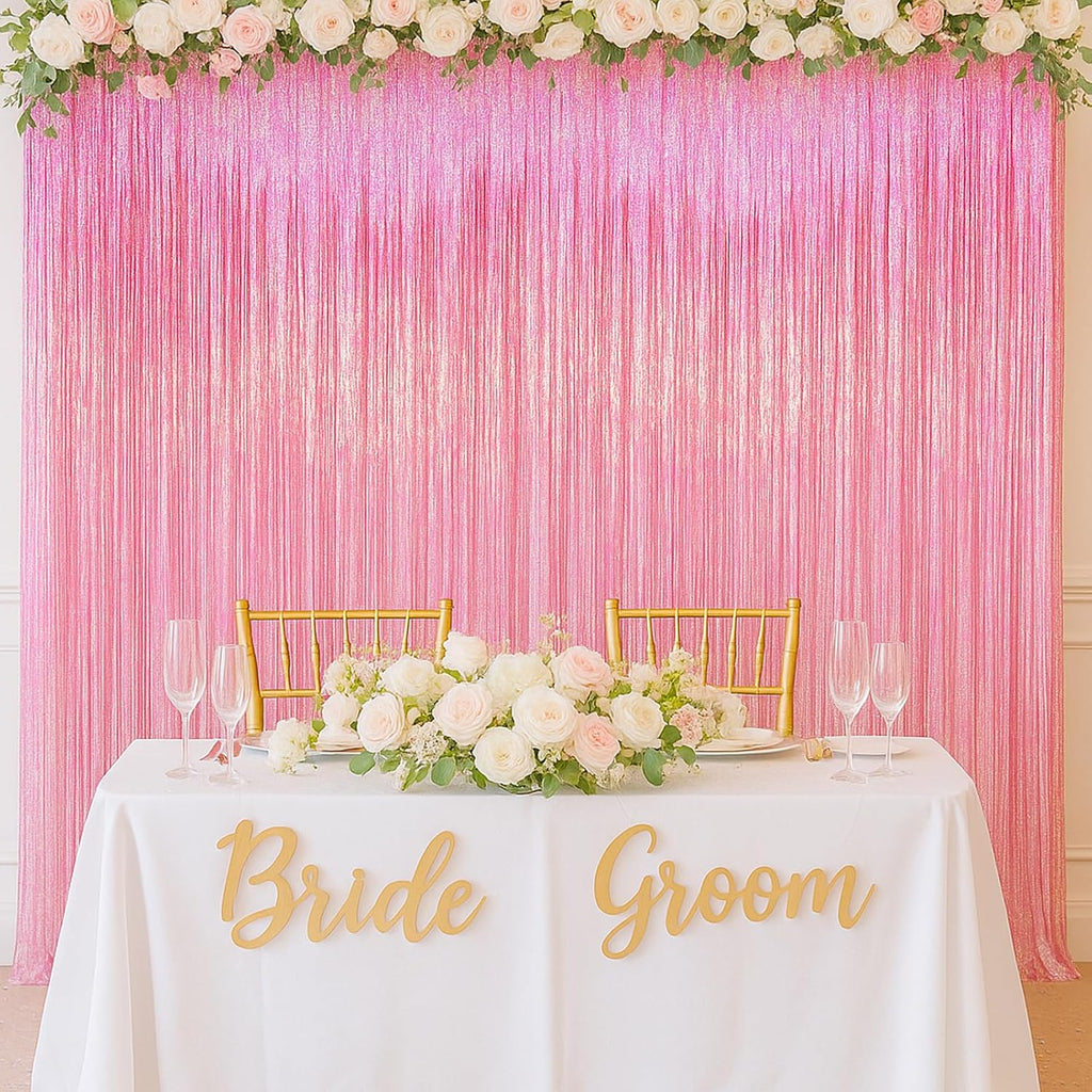 Voircoloria 2 Pack Laser Pink Tinsel Foil Fringe Curtains - Metallic Party Streamers Backdrop for Celebrations