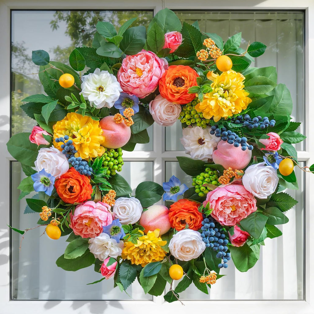 Pinkpuii 24-Inch Spring Wreath - Vibrant Peonies, Roses & Realistic Fruit Accents for Front Door Decor