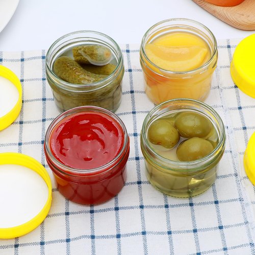Datttcc Mini Mason Jars, Canning Jars, 4oz Mason Jars with Silver and Yellow Lids for Honey, Jams,Jelly Seasonings, for Kitchen, Bathroom, Gift Giving, Pack of 16