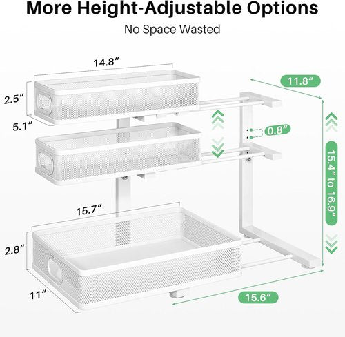 Kitstorack Under Sink Organizer - 3-Tier Height Adjustable Metal Storage Shelf | 2-Pack for Kitchen & Bathroom