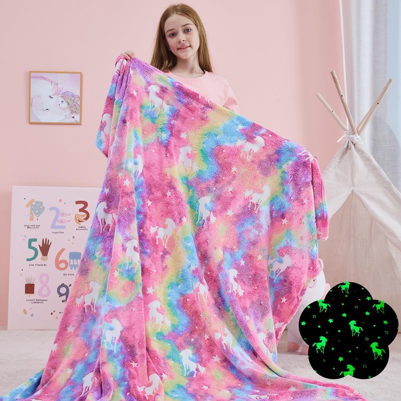 QSTEHEML Glow in The Dark Unicorn Blanket ，Birthday Gift for Girls Age 3-12 Years Old, Unicorns Toys Girls Presents for Grandkids, Soft Unicorns Throw Blanket for Daughter 50"×60"