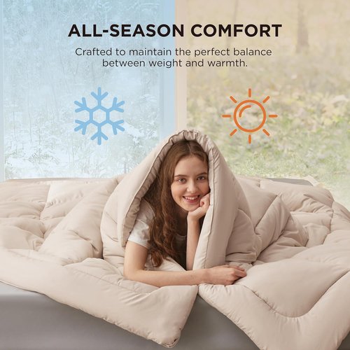 Bedsure Comforter Duvet Insert - All-Season Quilted Queen Plus Size Blanket | GentleSoft Down Alternative, Beige 90 x 90 Inches