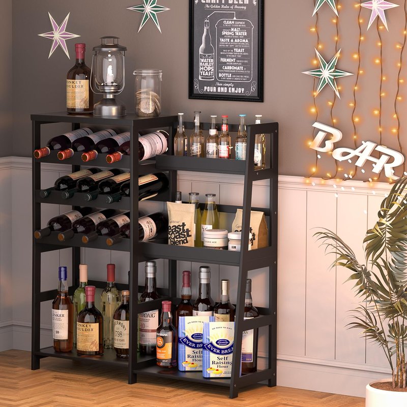 VASMIA Versatile Liquor Stand for Home Bar, Wine Rack Freestanding Floor, Mini Bar Table with Bamboo Trapezoidal Liquor Bottle Display Shelf Cabinet for Living Room, Natural
