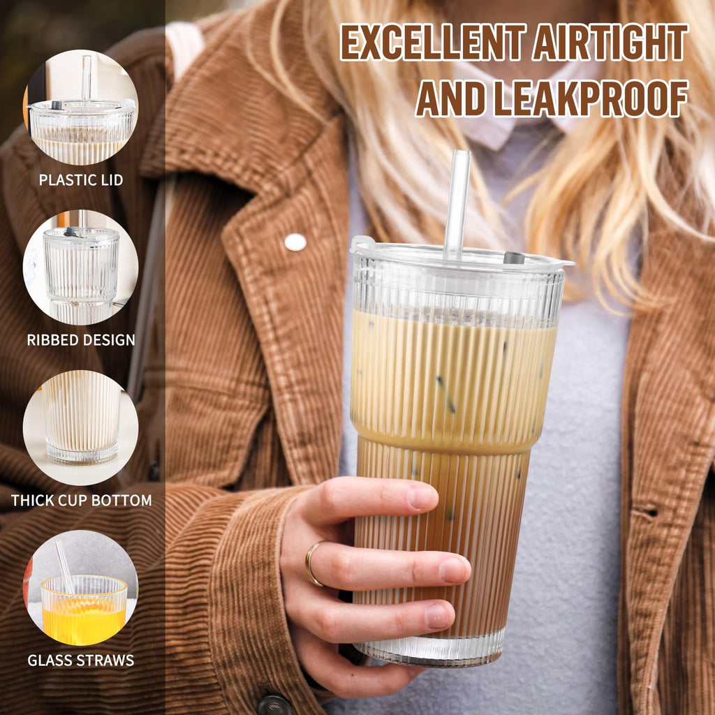 CWHHRN 20 oz Glass Cup with Lid and Straw, Glass Tumbler with Straw and Lid, Vintage Glassware for Whiskey Cocktail Beer, Iced Coffee Cups with Lid (1 PACK)