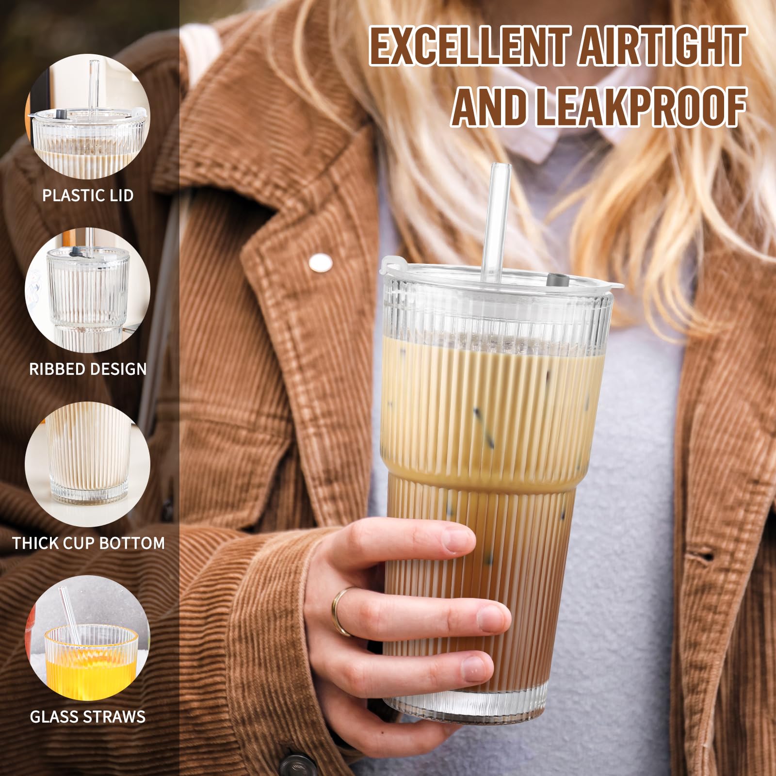 CWHHRN 20 oz Glass Cup with Lid and Straw, Glass Tumbler with Straw and Lid, Vintage Glassware for Whiskey Cocktail Beer, Iced Coffee Cups with Lid (1 PACK)