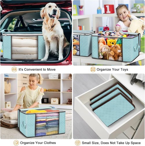 Budding Joy 90L Large Storage Bags - 4 Pack Foldable Closet Organizers for Clothes & Bedding | Blue