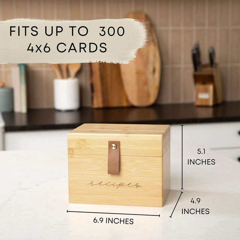 Pera Blanca Recipe Box with Cards and Dividers | Faux Leather Handle | 50 Eucalyptus Patterned Recipe Cards | Wooden Box | Housewarming Gift | 4x6