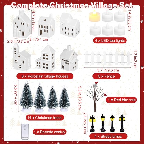 Fovths Christmas Village Set - 37-Piece Lighted Ceramic Houses with Remote Control LED Tealights & Accessories