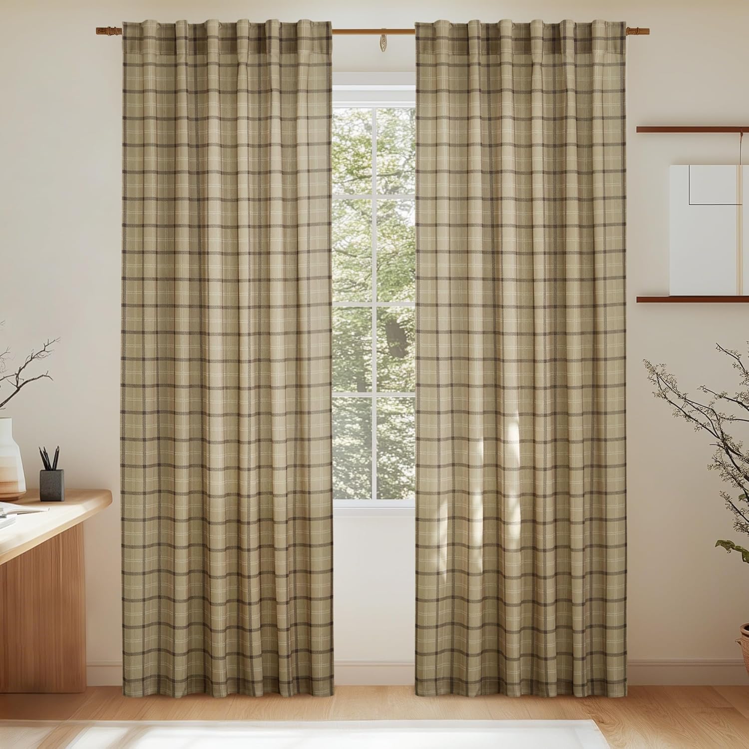 NICETOWN Linen Plaid Patterned Curtains - 84-Inch Light Filtering Privacy Shade | Semi-Sheer, 1 Pair, 52W x 84L
