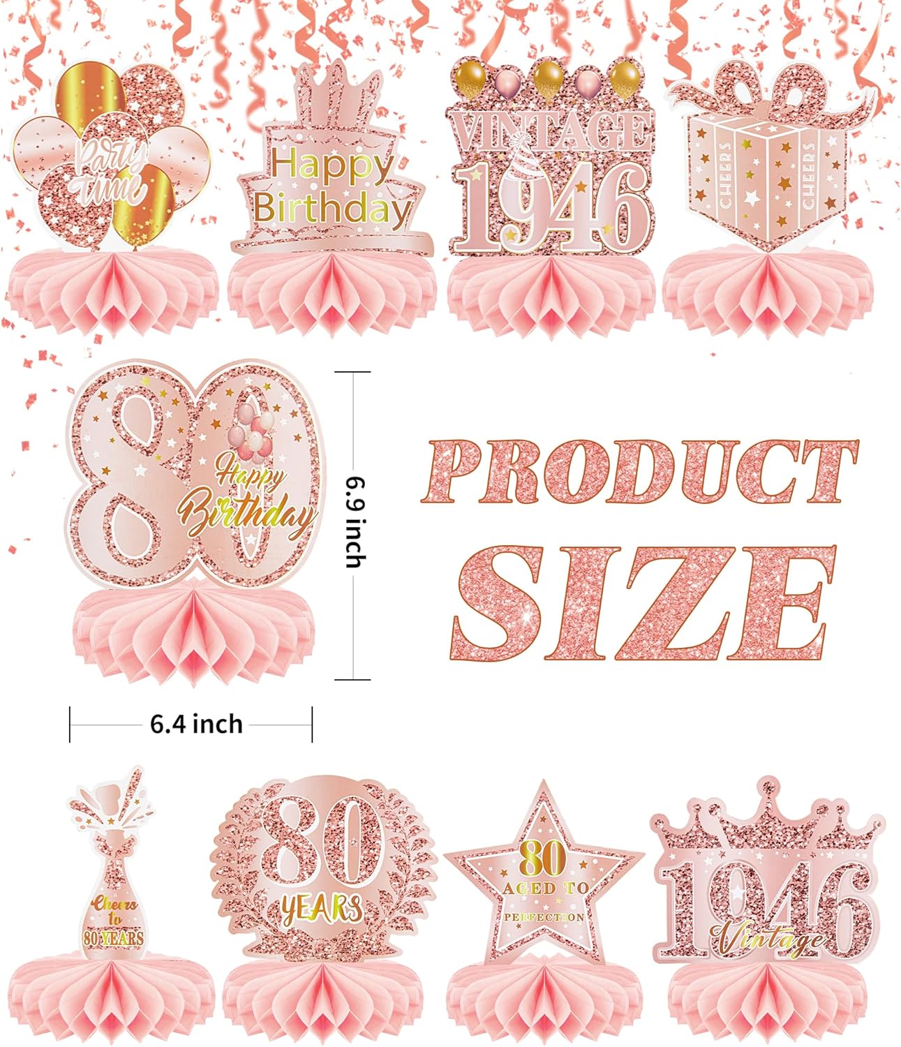 Regine Switzerland 80th Birthday Decorations - 9 Pcs Rose Gold Honeycomb Centerpieces | Cheers to 80 Years