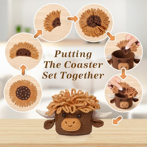 Drink Coaster, Highland Cow Gifts for Cow Lovers, Fun Woven Creative Set of 3 Coasters, Suitable for Most Cups, Handmade Crochet Cow Head Storage, Rustic Decor for The Home