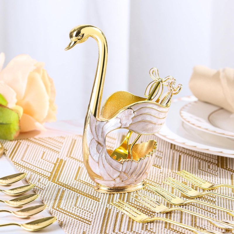 WENMAQIN Gold Swan Base Holder,Table Decorative Swan Dessert Spoons Organizer Spoons Holder with 6pcs Coffee Spoon set,Elegant Gold Dessert Spoons,Premium Zinc Alloy Spoon Organizer
