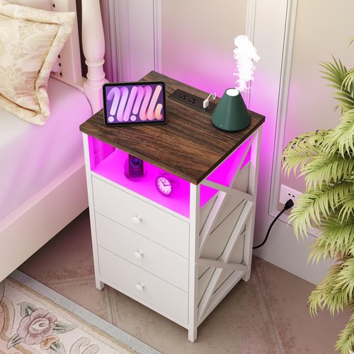 LTTDOUK LED Nightstand with Charging Station, Tall Dresser for Bedroom with LED Light, Side Table Bedside Tables with USB Ports and Outlets, White End Table with Drawer for Bedroom, Living Room