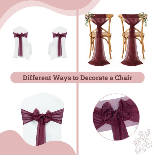 MDS Pack of 50 Chiffon Chair Sashes Bows for Wedding Events Supplies, Decorations for Birthday Parties, Graduations, Engagements, Chair Sashes fits Banquet Chair Cover Tie Back Band - Burgundy