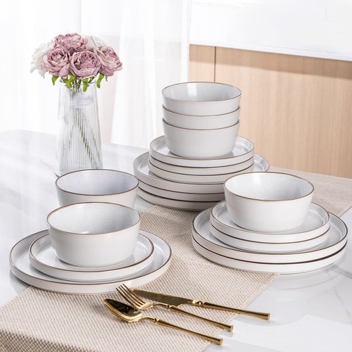 AmorArc Dinnerware Set for 6, 18 Pieces Ceramic Plates and Bowls Set, Handcrafted Speckled Stoneware Plates, Dishwasher & Microwave Safe Dishes - (White, Service for 6)