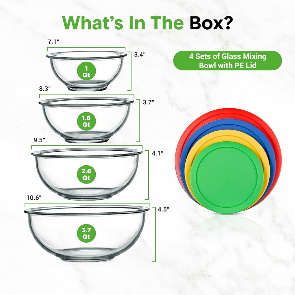 NutriChef Glass Mixing Bowls Set - Premium Borosilicate 4-Piece Bowls with Airtight Lids (1 QT-3.7 QT) for Mixing & Storage