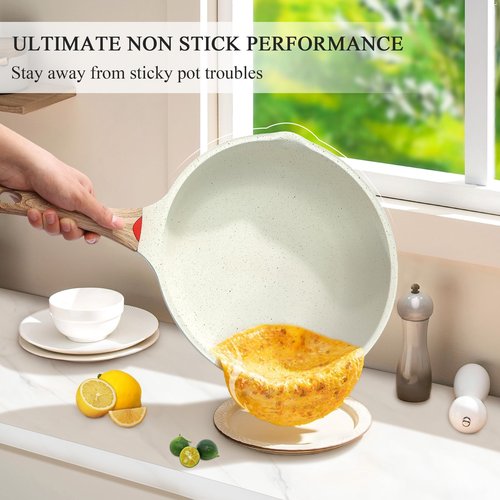 Vinchef Nonstick Deep Frying Pan, Saute Pan with Lid, 11"/5Qt, German 3C+ Ceramic Coating, Induction Compatible, White Color, Cookware for Kitchen